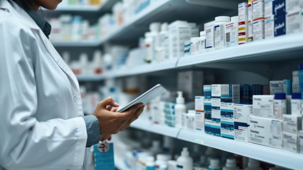 Frau mit weißem Kittel und Tablet in der Hand. Steht vor Regalen mit Medizinprodukten.