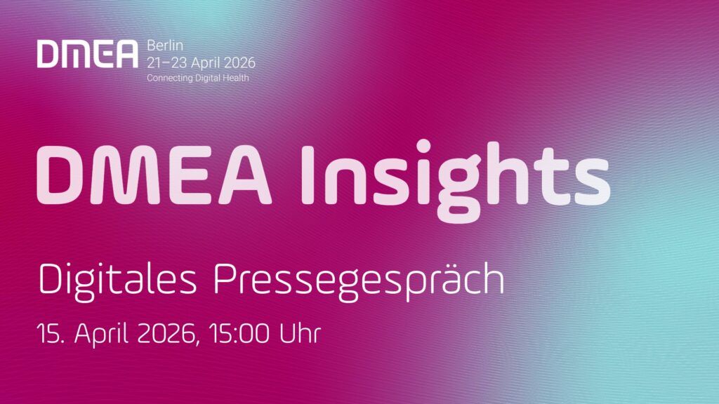 Grafik zum DMEA Pressegespräch 2026 in Brombneer mit einem Verlauf zu Türkis