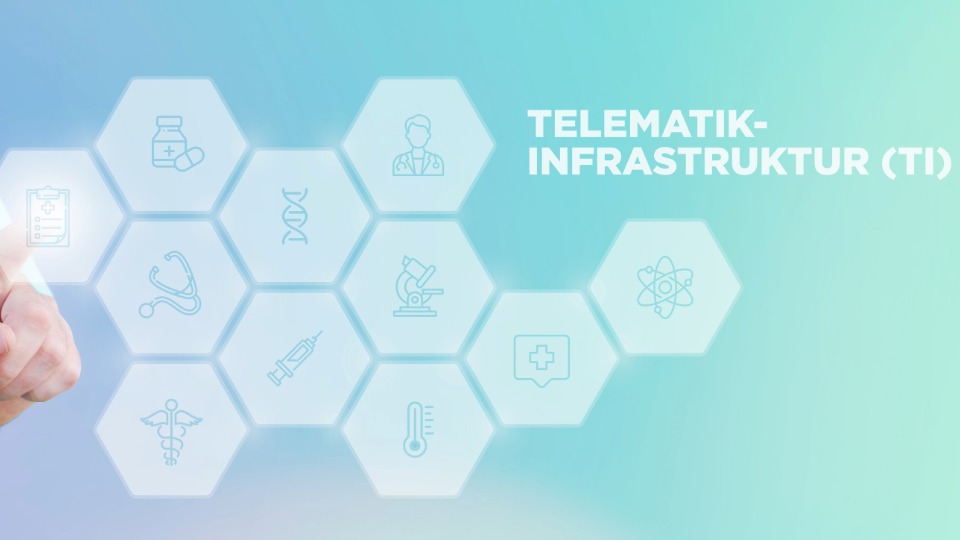Bild mit Aufschrift Telematikinfrastruktur und Waben mit verschiedenen Icons . Hintergrund Türkis