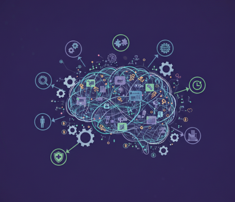 Skizze eines Gehirns mit vielen Linien und Symbolen zur IT und Gesundheit