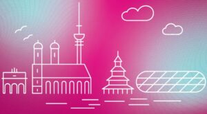 Skiline von München auf DMEA bombeerfarbenden Hintergrund