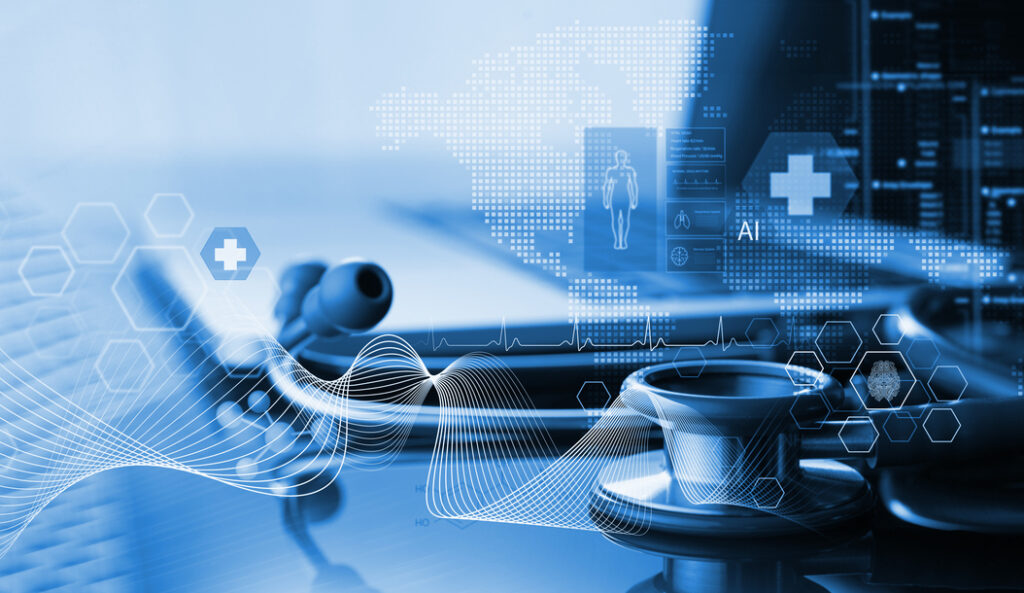 Bild in Blau. Laptop mit einem Stetoskop zu sehen viele Linien symbolisieren Datenströme im Gesundheitsbereich.