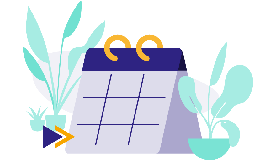 Eine Illustration in den Farben Blauviolett, Orange und Helltürkis. Man Sieht einen Tischkalender und Pfalnzen.